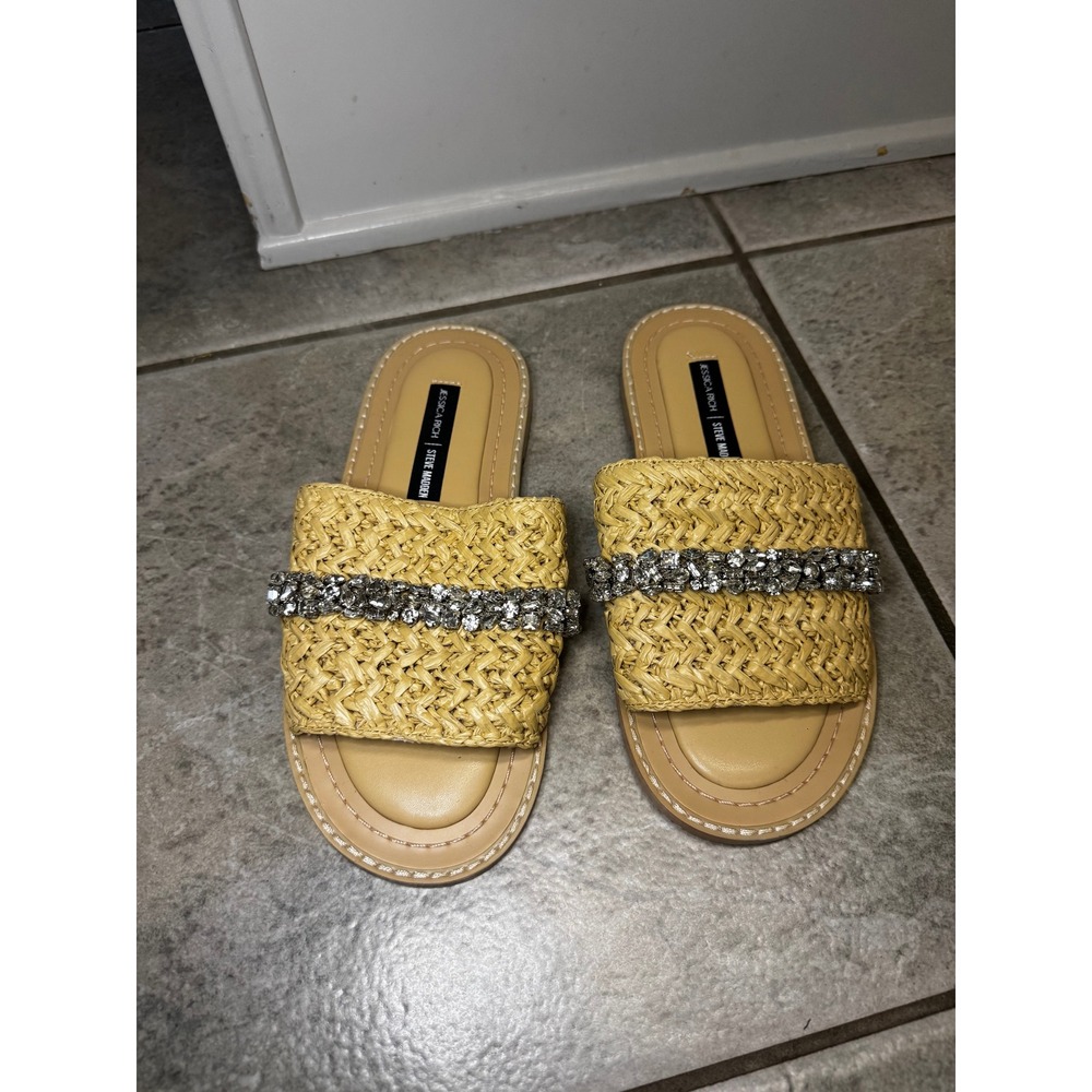 Steve Madden Jessica Rich Slide Sandals Straw Embellished Rhinestone Flat Women